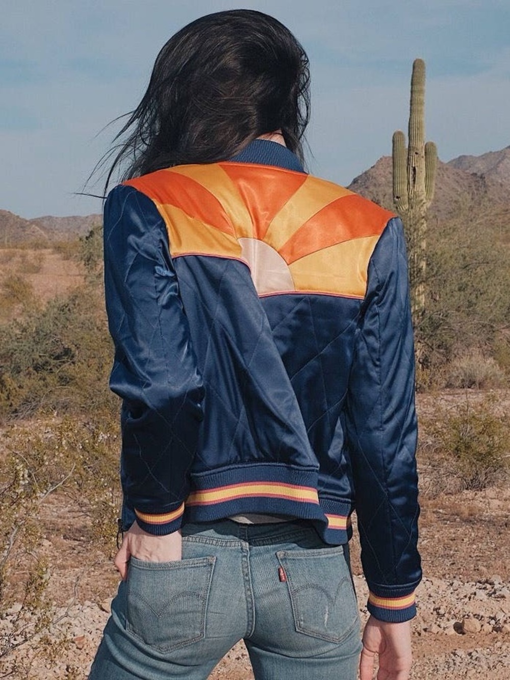 Navy Satin Bomber Jacket with Orange Sunburst Arizona flag Panel - Women